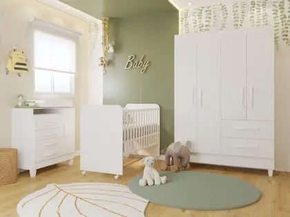 Quarto de Bebê Completo com Guarda-Roupa 3 Portas, Cômoda e Berço com Rodinhas Branco Moderno, Seguro e Funcional Quartinho do Bebê Com Colchão - N&E Loja