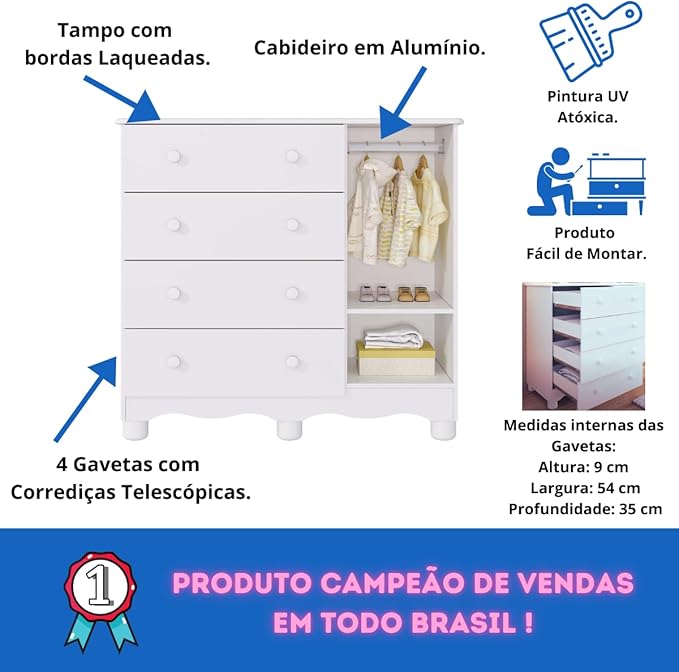 Quarto de Bebê Completo com Berço Americano Ben 3 Em 1 Guarda Roupa 3 Portas e Cômoda Uli 4 Gavetas Móveis Peroba Branco Brilho