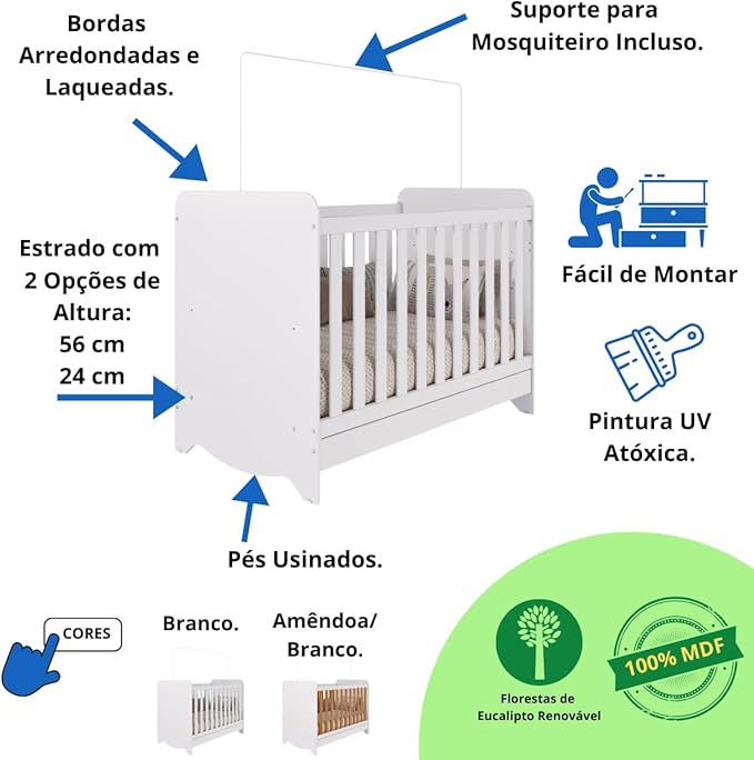Quarto de Bebê Completo com Berço Americano Ben 3 Em 1 Guarda Roupa 3 Portas e Cômoda Uli 4 Gavetas Móveis Peroba Branco Brilho