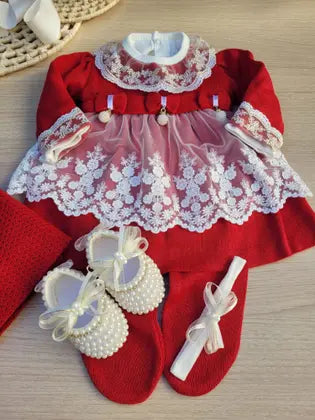 Saída de Maternidade Menina Vestido Tricot Luxo com renda 6 Peças - sem marca