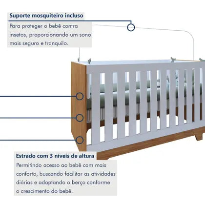 Quarto de Bebê Completo 100% MDF com Cômoda Berço e Guarda Roupa 1 MDF Nina Branco/Amadeirado - Espresso Móveis