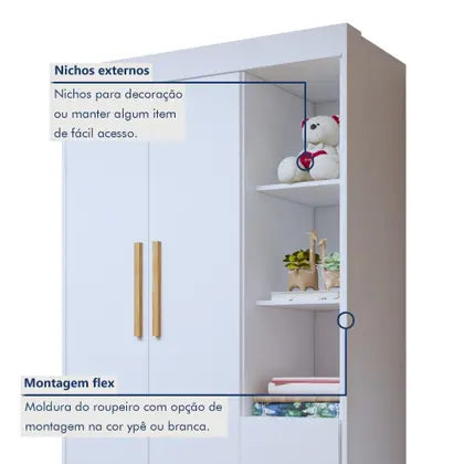 Quarto de Bebê Completo 100% MDF com Cômoda Berço e Guarda Roupa 1 MDF Nina Branco/Amadeirado - Espresso Móveis