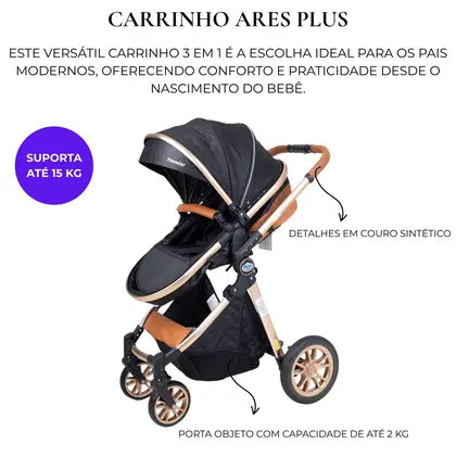 Carrinho Bebê 3 Em 1 Reversível Vira Moisés Capota Retrátil - Passear