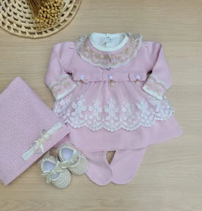 Saída de Maternidade Menina Vestido Tricot Luxo com renda 6 Peças - sem marca