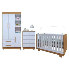 Quarto de Bebê Completo 100% MDF com Cômoda Berço e Guarda Roupa 1 MDF Nina Branco/Amadeirado - Espresso Móveis