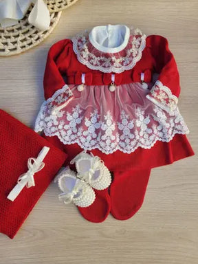 Saída de Maternidade Menina Vestido Tricot Luxo com renda 6 Peças - sem marca