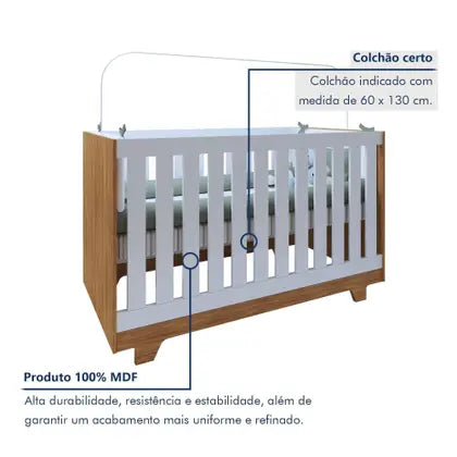 Quarto de Bebê Completo 100% MDF com Cômoda Berço e Guarda Roupa 1 MDF Nina Branco/Amadeirado - Espresso Móveis