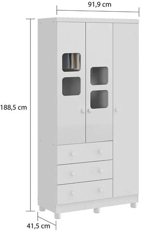 Guarda Roupa de Bebê 3 Portas 3 Gavetas Uli Móveis Peroba Branco Brilho