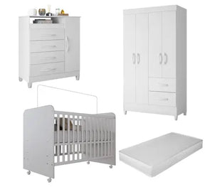 Quarto de Bebê Completo com Guarda-Roupa 3 Portas, Cômoda e Berço com Rodinhas Branco Moderno, Seguro e Funcional Quartinho do Bebê Com Colchão - N&E Loja