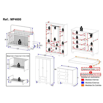 Quarto de Bebê Completo com Berço Americano 3 em 1 Colchão Incluso Dengo Multimóveis MP4600