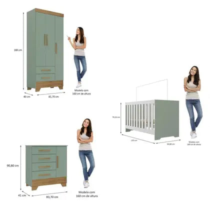 Quarto de Bebê Completo Guarda Roupa 3 Portas 2 Gavetas com Cômoda e Berço Lily Espresso Móveis