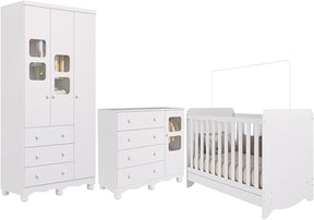 Quarto de Bebê Completo com Berço Americano Ben 3 Em 1 Guarda Roupa 3 Portas e Cômoda Uli 4 Gavetas Móveis Peroba Branco Brilho
