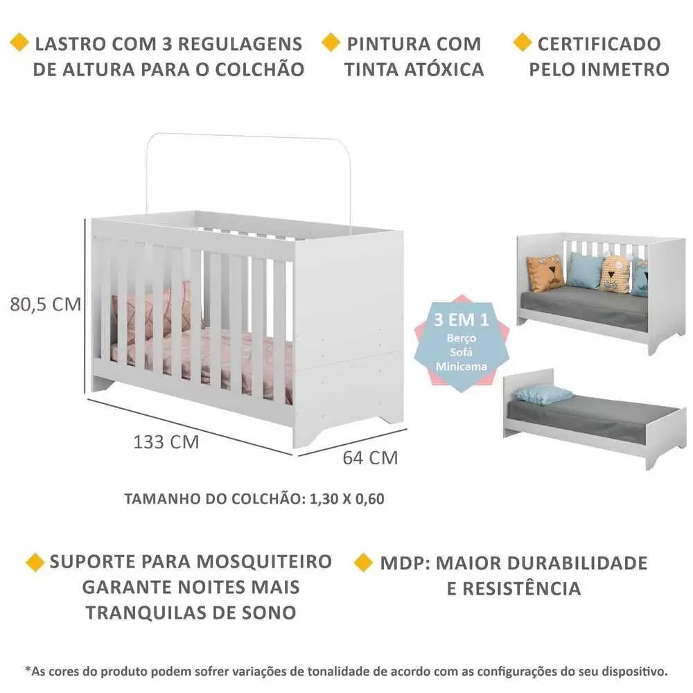 Berço 3 em 1 para Colchão 60 x 130 cm Multimóveis Branco
