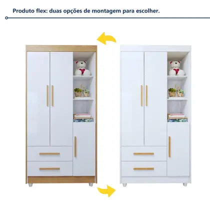 Quarto de Bebê Completo com Cômoda, Mini Berço com Colchão e Guarda Roupas Lila Amadeirado/Branco - Tigus Baby