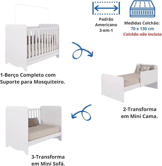 Quarto de Bebê Completo com Berço Americano Ben 3 Em 1 Guarda Roupa 3 Portas e Cômoda Uli 4 Gavetas Móveis Peroba Branco Brilho