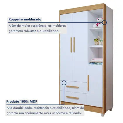 Quarto de Bebê Completo 100% MDF com Cômoda Berço e Guarda Roupa 1 MDF Nina Branco/Amadeirado - Espresso Móveis