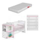 Berço Cômoda com Cantoneira 101 com Colchão e Cômoda Infantil 103 Doce Sonho Branco Rosa Brilho Qmovi