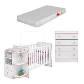 Berço Cômoda com Cantoneira 101 com Colchão e Cômoda Infantil 103 Doce Sonho Branco Rosa Brilho Qmovi