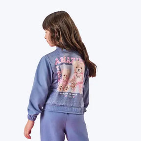 Conjunto Jaqueta Moletinho Estampa Costa Urso e Calça Jogger Molecotton Azul Jeans Infantil Menina Mundo Cinti
