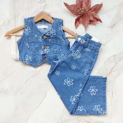 Conjunto Jeans Infantil Conjunto De Menina Feminina Luxo Básico Colete + Calça Florzinha Casual - Fabricação Própria