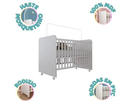 Quarto de Bebê Completo com Guarda-Roupa 3 Portas, Cômoda e Berço com Rodinhas Branco Moderno, Seguro e Funcional Quartinho do Bebê Com Colchão - N&E Loja