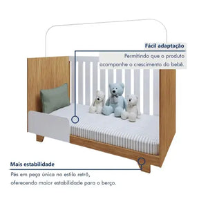 Quarto de Bebê Completo 100% MDF com Cômoda Berço e Guarda Roupa 1 MDF Nina Branco/Amadeirado - Espresso Móveis