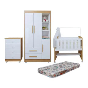 Quarto de Bebê Completo com Cômoda, Mini Berço com Colchão e Guarda Roupas Lila Amadeirado/Branco - Tigus Baby