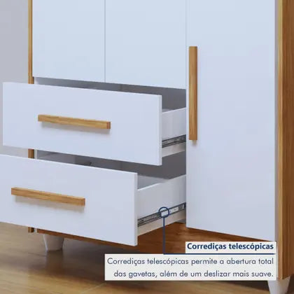 Quarto de Bebê Completo 100% MDF com Cômoda Berço e Guarda Roupa 1 MDF Nina Branco/Amadeirado - Espresso Móveis