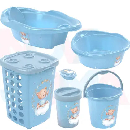 Kit Bebe Lixeira,saboneteira,cesto,balde,bacia,banheira 21 Urso Azul - plasutil
