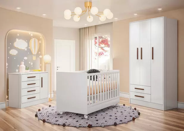 Jogo de Quarto para Bebê Completo Floc com Rodízios Branco - MoveisAqui