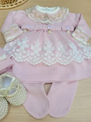 Saída de Maternidade Menina Vestido Tricot Luxo com renda 6 Peças - sem marca