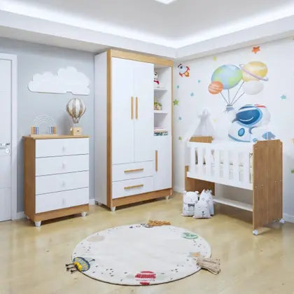 Quarto de Bebê Completo com Cômoda, Mini Berço com Colchão e Guarda Roupas Lila Amadeirado/Branco - Tigus Baby