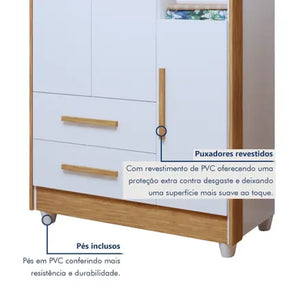 Quarto de Bebê Completo 100% MDF com Cômoda Berço e Guarda Roupa 1 MDF Nina Branco/Amadeirado - Espresso Móveis