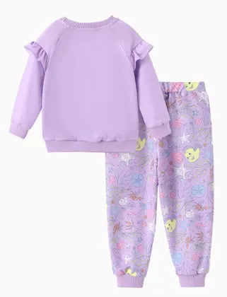 Roupas infantis Disney Princess Ariel para meninas, camisa de manga comprida e calça de bolso, conjuntos de roupas, pulôver casual de outono, moletom e calça de moletom, moletom e calça de moletom, atlético, roxo claro, 4-5T