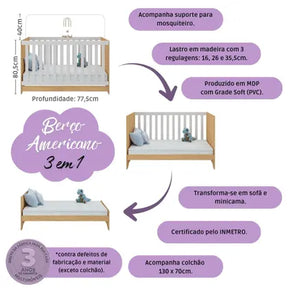 Quarto de Bebê Completo com Berço Americano 3 em 1 Colchão Incluso Dengo Multimóveis MP4600