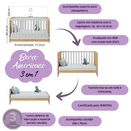 Quarto de Bebê Completo com Berço Americano 3 em 1 Colchão Incluso Dengo Multimóveis MP4600