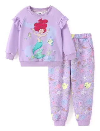 Roupas infantis Disney Princess Ariel para meninas, camisa de manga comprida e calça de bolso, conjuntos de roupas, pulôver casual de outono, moletom e calça de moletom, moletom e calça de moletom, atlético, roxo claro, 4-5T