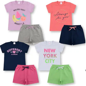 Kit 4 Conjunto Verão Básico Infantil Juvenil Feminino Blusinha e Shorts em Algodão + Cotton Roupa Menina Tamanhos 10-14 - LUMARI KIDS