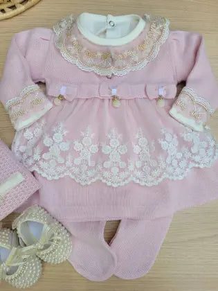 Saída de Maternidade Menina Vestido Tricot Luxo com renda 6 Peças - sem marca