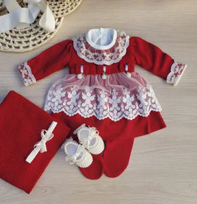 Saída de Maternidade Menina Vestido Tricot Luxo com renda 6 Peças - sem marca