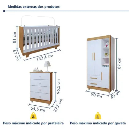 Quarto de Bebê Completo 100% MDF com Cômoda Berço e Guarda Roupa 1 MDF Nina Branco/Amadeirado - Espresso Móveis