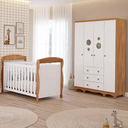 Quarto Bebê Completo Berço Americano Marquesa 3em1 Guarda Roupas 4 Portas 3 Gavetas Bolinha 100% MDF - Faura