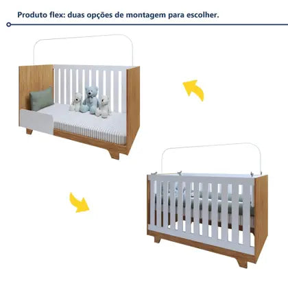 Quarto de Bebê Completo 100% MDF com Cômoda Berço e Guarda Roupa 1 MDF Nina Branco/Amadeirado - Espresso Móveis