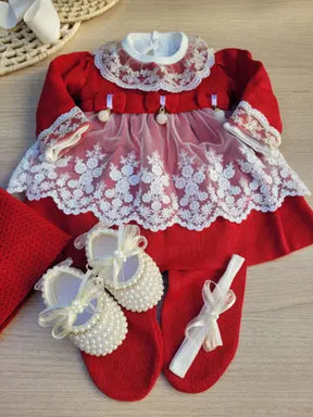 Saída de Maternidade Menina Vestido Tricot Luxo com renda 6 Peças - sem marca