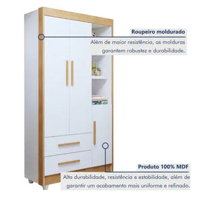 Quarto de Bebê Completo com Cômoda, Mini Berço com Colchão e Guarda Roupas Lila Amadeirado/Branco - Tigus Baby