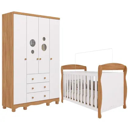Quarto Bebê Completo Berço Americano Marquesa 3em1 Guarda Roupas 4 Portas 3 Gavetas Bolinha 100% MDF - Faura