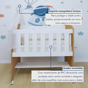 Quarto de Bebê Completo com Cômoda, Mini Berço com Colchão e Guarda Roupas Lila Amadeirado/Branco - Tigus Baby