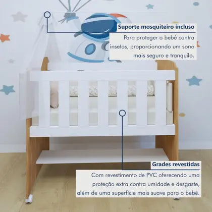 Quarto de Bebê Completo com Cômoda, Mini Berço com Colchão e Guarda Roupas Lila Amadeirado/Branco - Tigus Baby