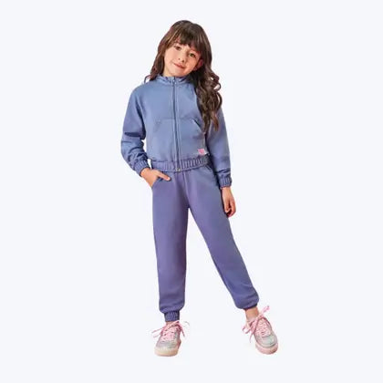 Conjunto Jaqueta Moletinho Estampa Costa Urso e Calça Jogger Molecotton Azul Jeans Infantil Menina Mundo Cinti
