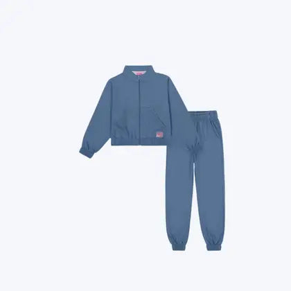 Conjunto Jaqueta Moletinho Estampa Costa Urso e Calça Jogger Molecotton Azul Jeans Infantil Menina Mundo Cinti